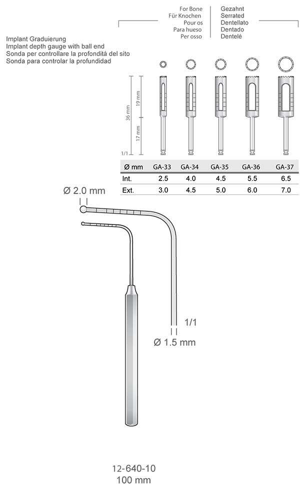 Trephines , Implant depth gauge with ball end